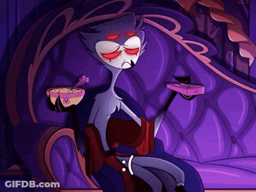 Cartoon Character Sitting On Purple Couch Holding Cereal GIF