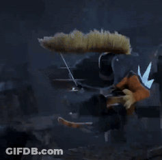 Cartoon Character Sitting On Wooden Stool With Sword GIF