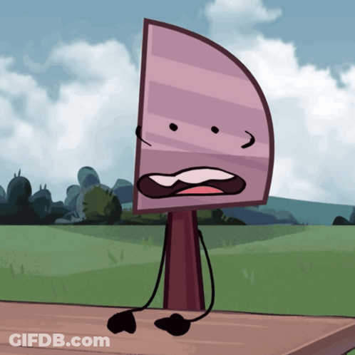 Cartoon Character Sitting On Wooden Table With Knife On Head GIF