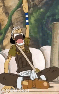 Cartoon Character Sitting With Mouth Open And Arm Raised GIF