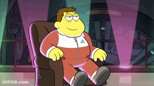 Cartoon Character Sitting With Triangle On Chest GIF