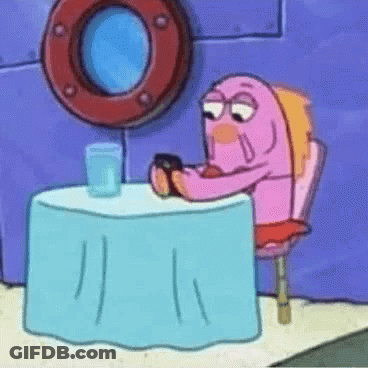 Cartoon Character Sitting With Water Glass And Phone GIF