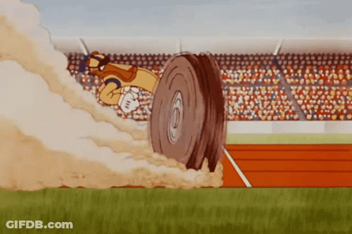 Cartoon Character Spinning Tire On Track GIF