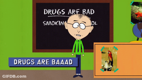 Cartoon Character Standing Before Chalkboard Drugs Are Bad GIF