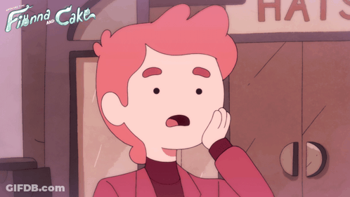 Cartoon Character Standing Before Finna And Cake Sign GIF