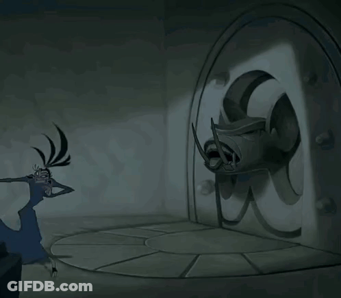 Cartoon Character Standing Before Skull Door GIF