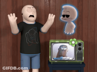 Cartoon Character Standing Before TV With Ghost GIF