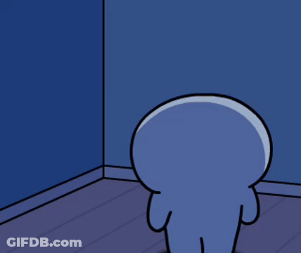 Cartoon Character Standing In Corner With Blue Wall GIF