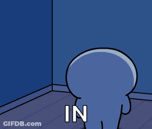 Cartoon Character Standing In Corner With Word In GIF