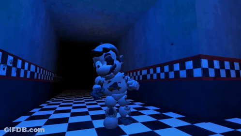 Cartoon Character Standing In Dark Hallway With Checkered Floor GIF