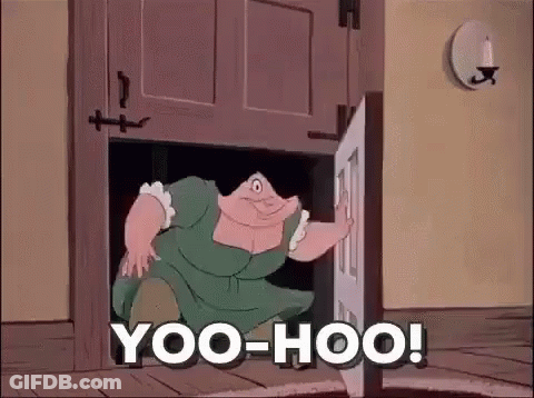 Cartoon Character Standing In Doorway Saying Yoo-Hoo GIF
