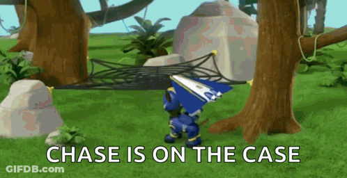 Cartoon Character Standing In Field Saying Chase Is On The Case GIF