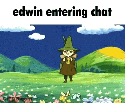 Cartoon Character Standing In Field Saying Edwin Entering Chat GIF