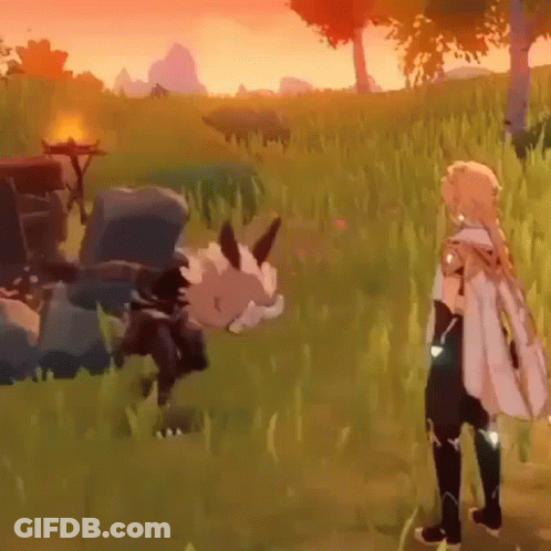 Cartoon Character Standing In Field With Dog GIF