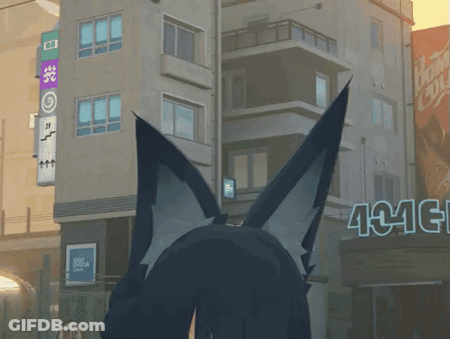 Cartoon Character Standing In Front Of 1441 Building GIF