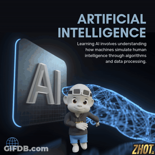 Cartoon Character Standing In Front Of AI Sign GIF