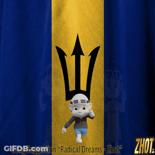 Cartoon Character Standing In Front Of Blue And Yellow Flag With Trident GIF