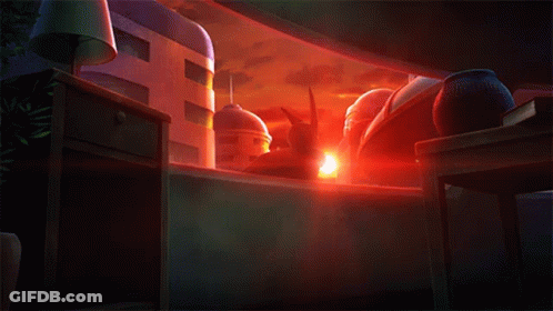 Cartoon Character Standing In Front Of Building With Red Sky GIF