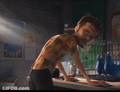 Cartoon Character Standing In Front Of Cage With Two Blue Birds GIF