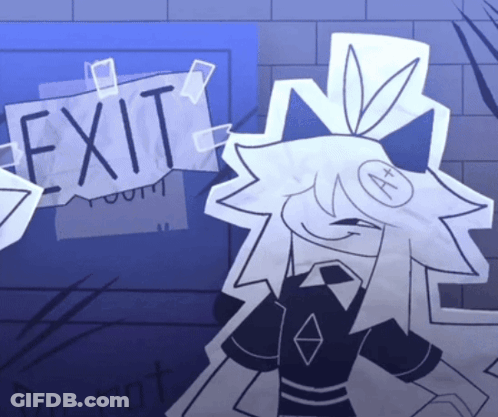 Cartoon Character Standing In Front Of Exit Sign GIF
