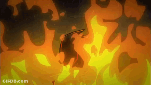 Cartoon Character Standing In Front Of Fire GIF