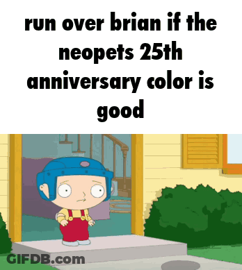 Cartoon Character Standing In Front Of House With Words Run Over Brian If The Neopets 25Th Anniversary Color GIF