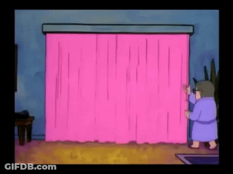 Cartoon Character Standing In Front Of Pink Curtain GIF