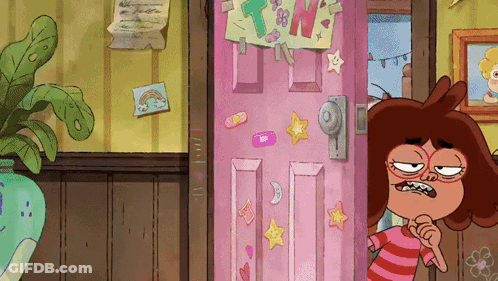 Cartoon Character Standing In Front Of Pink Door With TNW Stickers GIF