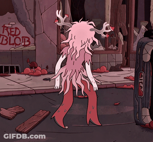 Cartoon Character Standing In Front Of Red Blob Sign GIF