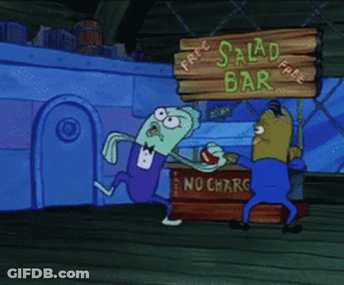 Cartoon Character Standing In Front Of Salad Bar Sign GIF