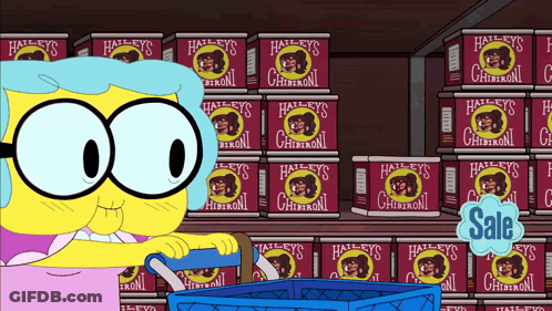 Cartoon Character Standing In Front Of Shelf Of Halley's Chibironi GIF
