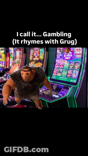 Cartoon Character Standing In Front Of Slot Machine Saying Gambling GIF