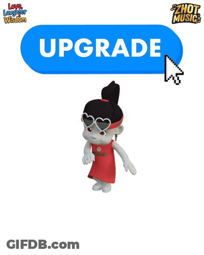 Cartoon Character Standing In Front Of Upgrade Button GIF