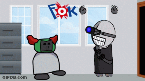 Cartoon Character Standing In Front Of Window With Word Fok GIF