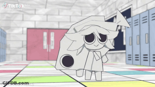 Cartoon Character Standing In Hallway With Lockers GIF