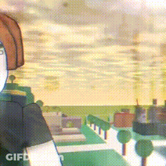 Cartoon Character Standing In Park At Sunset GIF