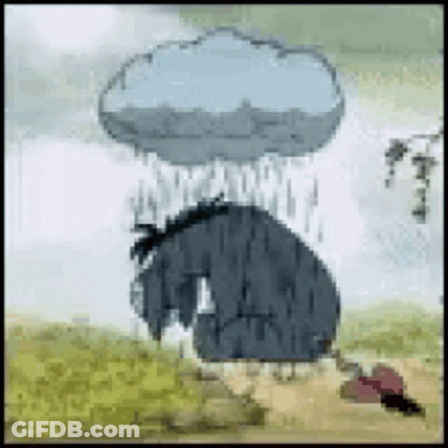 Cartoon Character Standing In Rain With Cloud Over Head GIF