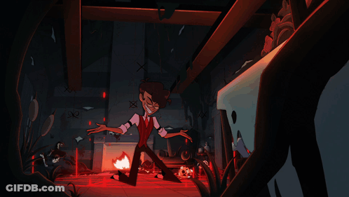 Cartoon Character Standing In Room With Fireplace GIF