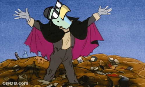 Cartoon Character Standing In Trash Pile Wearing Cape GIF