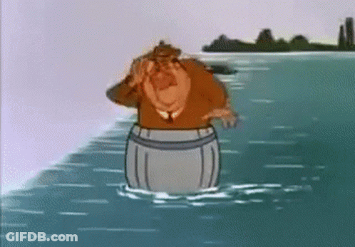 Cartoon Character Standing In Water On Barrel GIF