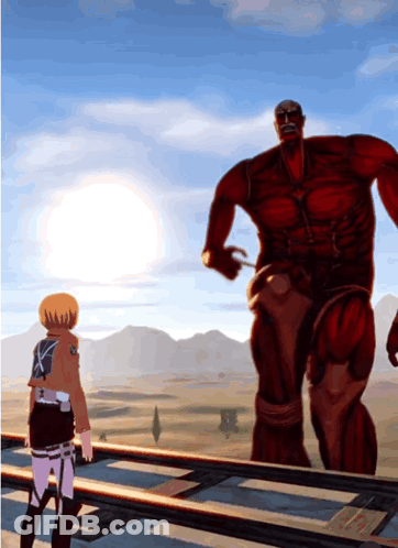 Cartoon Character Standing Next To Giant Monster GIF