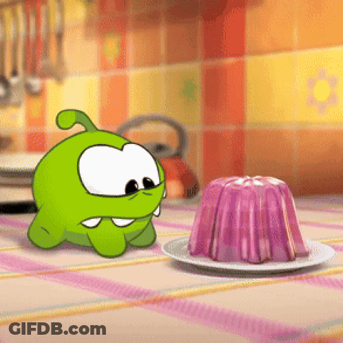 Cartoon Character Standing Next To Purple Pudding GIF
