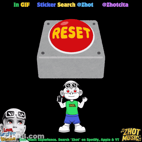 Cartoon Character Standing Next To Reset Button GIF