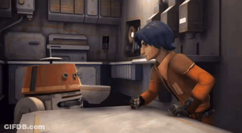 Cartoon Character Standing Next To Robot GIF