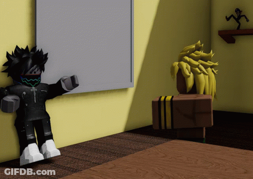 Cartoon Character Standing Next To Shelf With Picture GIF