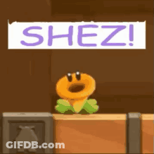 Cartoon Character Standing Next To Sign Saying Shez! GIF