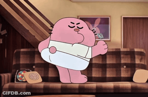 Cartoon Character Standing On Couch With Plaid Blanket GIF