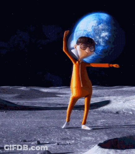 Cartoon Character Standing On Moon With Blue Planet GIF