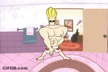 Cartoon Character Standing On Pink Rug With Legs Crossed GIF