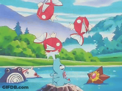 Cartoon Character Standing On Rock In Lake Surrounded By Fish GIF
